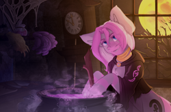 Size: 3000x1950 | Tagged: safe, artist:lazymishel, imported from derpibooru, oc, oc:chifundo, hybrid, zony, fallout equestria: dead tree, brewing, cauldron, cloak, clock, clothes, detailed background, full moon, glyphmark, gold rings, halloween, holiday, jewelry, loose hair, lust potion, moon, nightmare night, pink stripes, shaman things, shamanism, solo, spider web, stick, tree