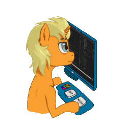 Size: 909x911 | Tagged: safe, artist:limonium, imported from derpibooru, oc, oc only, oc:lim, pony, unicorn, animated, blonde, boop, computer, confused, hoers, male, nose wrinkle, noseboop, programming, silly, simple background, solo, transparent background