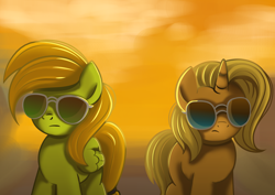 Size: 2970x2100 | Tagged: safe, artist:candy meow, imported from derpibooru, oc, oc:aurora lulamoon, oc:candy meow, pegasus, pony, unicorn, cool, cute, duo, female, filly, foal, high res, horn, mare, pegasus oc, pony oc, sunglasses, thundermeow, unicorn oc