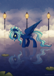 Size: 1852x2613 | Tagged: safe, artist:madelinne, imported from derpibooru, oc, oc only, pegasus, pony, female, lamp, lilypad, mare, reflection, solo, water