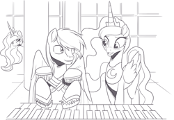 Size: 1316x909 | Tagged: safe, artist:nauyaco, imported from derpibooru, princess celestia, princess luna, oc, alicorn, pegasus, pony, female, male, mare, monochrome, musical instrument, piano, simple background, stallion, white background