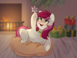 Size: 2232x1680 | Tagged: safe, artist:lissa, imported from derpibooru, roseluck, earth pony, pony, behaving like a cat, christmas, christmas gift, christmas tree, collar, commission, commissioner:doom9454, cute, fire, fireplace, holiday, pet tag, pillow, pony pet, rosepet, solo, tree