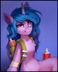 Size: 1490x1854 | Tagged: safe, artist:ramiras, imported from derpibooru, izzy moonbow, pony, semi-anthro, unicorn, backpack, chest fluff, g5, looking at you, slim, smiling, solo, spray paint