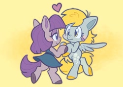 Size: 640x451 | Tagged: safe, artist:raystarkitty, imported from derpibooru, derpy hooves, maud pie, earth pony, pegasus, semi-anthro, bandaid, cute, derpabetes, derpmaud, duo, female, heart, lesbian, maudabetes, shipping, smiling, vylet pony, when she smiles