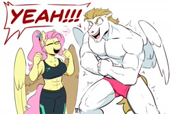 Size: 1858x1244 | Tagged: safe, artist:redxbacon, imported from derpibooru, bulk biceps, fluttershy, anthro, pegasus, abs, breasts, busty fluttershy, clothes, duo, duo male and female, female, flutterbulk, male, muscles, muscleshy, muscular female, muscular male, pants, ponytail, shipping, shorts, simple background, sports bra, straight, white background, yoga pants