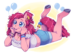 Size: 1748x1280 | Tagged: safe, artist:allegedratmonster, imported from derpibooru, pinkie pie, anthro, earth pony, unguligrade anthro, alternate hairstyle, bracelet, breasts, choker, cleavage, clothes, ear piercing, earring, female, horseshoes, jewelry, lying down, nose piercing, nose ring, piercing, plump, prone, scrunchie, shorts, smiling, solo, supporting head, the pose