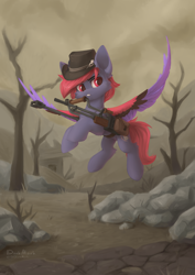 Size: 2480x3508 | Tagged: safe, artist:dorkmark, imported from derpibooru, oc, oc only, fly, insect, pegasus, pony, fallout equestria, hat, male, skull, solo, wasteland, weapon