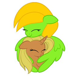 Size: 2000x2000 | Tagged: safe, artist:candy meow, imported from derpibooru, oc, oc:aurora lulamoon, oc:candy meow, pegasus, pony, unicorn, ^^, cute, duo, eyes closed, female, filly, floppy ears, foal, high res, horn, hug, mare, pegasus oc, pony oc, simple background, thundermeow, transparent background, unicorn oc, winghug, wings