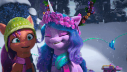 Size: 600x338 | Tagged: safe, imported from derpibooru, screencap, izzy moonbow, sunny starscout, earth pony, pony, unicorn, spoiler:g5, spoiler:winter wishday, animated, clothes, duo, female, floral head wreath, flower, g5, gif, hat, mare, my little pony: make your mark, my little pony: make your mark chapter 3, scarf, snow, snowfall, winter hat, winter wishday
