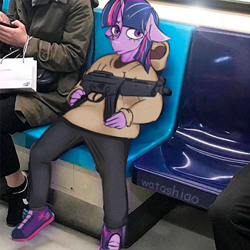 Size: 512x512 | Tagged: safe, artist:watashiao, imported from derpibooru, twilight sparkle, anthro, human, unicorn, clothes, floppy ears, gun, hoodie, irl, irl human, meme, photo, photoshop, shoes, sneakers, weapon