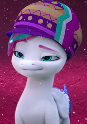 Size: 762x1080 | Tagged: safe, imported from derpibooru, screencap, zipp storm, pegasus, pony, spoiler:g5, spoiler:winter wishday, cropped, female, g5, hat, mare, my little pony: make your mark, my little pony: make your mark chapter 3, snow, snowfall, solo, winter wishday