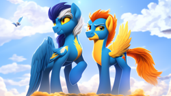 Size: 1024x576 | Tagged: safe, imported from derpibooru, soarin', spitfire, pegasus, pony, ai content, ai generated, clothes, female, generator:stable diffusion, male, smiling, spread wings, uniform, wings, wonderbolts, wonderbolts uniform