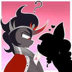 Size: 3000x3000 | Tagged: safe, artist:dragonpone, derpibooru exclusive, imported from derpibooru, king sombra, oc, oc:vantablack, earth pony, pony, unicorn, confused, duo, duo male and female, envelope, female, floating heart, heart, infatuation, jewelry, letter, looking at each other, looking at someone, love letter, male, mare, mouth hold, passepartout, question mark, regalia, stallion, sweat, sweatdrop, the crystal empire 10th anniversary