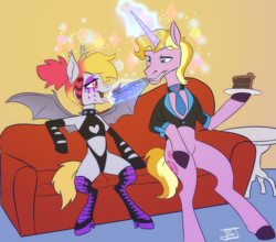 Size: 2273x2000 | Tagged: safe, artist:jitterbugjive, imported from derpibooru, oc, oc:batty bliss, bat pony, pony, unicorn, cake, cake slice, couch, drugs, food, tongue out