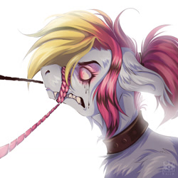 Size: 1280x1280 | Tagged: safe, artist:razumovsky, imported from derpibooru, oc, oc only, oc:batty bliss, bat pony, pony, blood, collar, crying, ear fluff, simple background, solo, tears of blood, white background