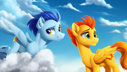Size: 896x512 | Tagged: safe, imported from derpibooru, soarin', spitfire, pegasus, pony, ai content, ai generated, clothes, female, generator:stable diffusion, male, smiling, uniform, wonderbolts