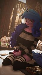 Size: 2160x3840 | Tagged: safe, artist:laylahorizonsfm, imported from derpibooru, izzy moonbow, anthro, unicorn, 3d, clothes, female, g4, g5, g5 to g4, generation leap, glasses, high res, kneeling, long hair, long mane, looking at you, morning, mug, socks, solo, source filmmaker, sweater, thigh highs