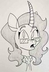 Size: 651x948 | Tagged: safe, artist:spoopygirl, imported from derpibooru, classical unicorn, unicorn, them's fightin' herds, clothes, cloven hooves, community related, glasses, leonine tail, lineart, oleander (tfh), pencil shading, scarf, tfh oc, traditional art, unshorn fetlocks