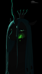 Size: 2160x3840 | Tagged: safe, artist:felfox, imported from derpibooru, queen chrysalis, changeling, changeling queen, black background, drool, female, glow in the dark, glowing, lidded eyes, looking at you, signature, simple background, smiling, solo