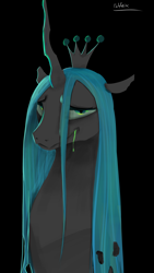 Size: 2160x3840 | Tagged: safe, alternate version, artist:felfox, imported from derpibooru, queen chrysalis, changeling, changeling queen, black background, drool, female, lidded eyes, looking at you, signature, simple background, smiling, solo