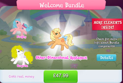 Size: 1280x858 | Tagged: safe, idw, imported from derpibooru, applejack (g1), firefly, surprise, earth pony, pegasus, pony, bow, bundle, collection, costs real money, english, female, g1, g4, gameloft, group, horn, idw showified, mare, my little pony: magic princess, numbers, river, spread wings, stream, surprise (g1), tail, tail bow, text, water, wings