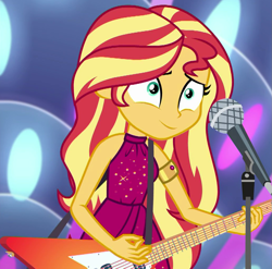 Size: 1031x1017 | Tagged: safe, imported from derpibooru, screencap, sunset shimmer, human, equestria girls, equestria girls series, spring breakdown, spoiler:eqg series (season 2), bare shoulders, cropped, cruise outfit, electric guitar, guitar, microphone, musical instrument, sleeveless, solo