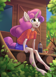 Size: 1448x2000 | Tagged: safe, artist:kittytitikitty, imported from derpibooru, sweetie belle, anthro, unguligrade anthro, unicorn, breasts, clothes, cute, diasweetes, female, forest, open mouth, sitting, solo, treehouse