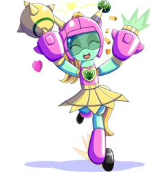 Size: 1818x2000 | Tagged: safe, artist:trackheadtherobopony, imported from derpibooru, oc, oc only, oc:goldheart, pony, robot, robot pony, bipedal, clothes, electricity, heart, helmet, morning star, shooting, simple background, skating, skirt, solo, weapon, white background