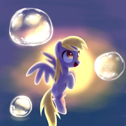 Size: 1200x1200 | Tagged: safe, artist:andromedasparkz, imported from derpibooru, derpy hooves, pegasus, pony, bubble, cute, derpabetes, female, flying, mare, open mouth, solo