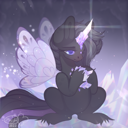 Size: 1154x1152 | Tagged: safe, artist:macyw, imported from derpibooru, oc, oc only, butterfly, pony, 2022, crystal, cute, horn, shiny, solo, violet eyes, wings