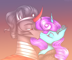 Size: 2092x1748 | Tagged: safe, artist:darklight1315, imported from derpibooru, king sombra, oc, oc:starless tundra, crystal pony, pony, unicorn, fallout equestria, eyes closed, fallout equestria: dark delirium, kiss on the lips, kissing, the crystal empire 10th anniversary