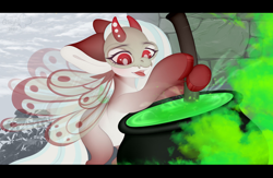 Size: 1280x832 | Tagged: safe, artist:macyw, imported from derpibooru, oc, oc only, butterfly, moth, mothpony, original species, pony, cauldron, commission, curse, cute, horns, magic, original art, original character do not steal, red eyes, render, shading, skull, sky, solo, spell, tribal, white pupils, wings, witch