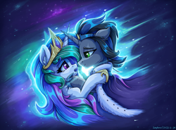 Size: 2400x1777 | Tagged: safe, artist:zeepheru_pone, idw, imported from derpibooru, king sombra, princess celestia, alicorn, pony, unicorn, spoiler:comic, celestibra, cuddling, duo, ear fluff, female, good king sombra, high res, love, male, mare, shipping, signature, space, stallion, stars, straight, the crystal empire 10th anniversary