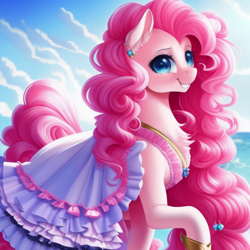 Size: 1536x1536 | Tagged: safe, imported from derpibooru, pinkie pie, earth pony, pony, ai content, ai generated, chest fluff, clothes, cute, dress, female, flowing mane, generator:purplesmart.ai, generator:stable diffusion, looking at you, smiling, smiling at you, solo, standing