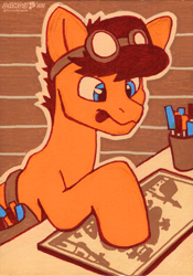 Size: 1463x2092 | Tagged: safe, artist:dandy, imported from derpibooru, oc, oc only, oc:blazing beams, earth pony, pony, acrylic painting, goggles, male, solo, tongue out, toolbelt, tools, traditional art