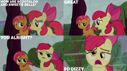 Size: 4400x2475 | Tagged: safe, edit, edited screencap, editor:quoterific, imported from derpibooru, screencap, apple bloom, babs seed, earth pony, pony, apple family reunion, season 3, apple, apple tree, female, filly, foal, tree