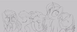 Size: 3840x1629 | Tagged: safe, artist:dtcx97, imported from derpibooru, earth pony, pegasus, pony, unicorn, monochrome