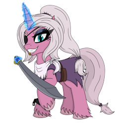 Size: 2800x2800 | Tagged: safe, artist:tertonda, derpibooru exclusive, imported from derpibooru, oc, oc only, oc:rose thorn, pony, unicorn, derpibooru community collaboration, 2023 community collab, belt, blue eyes, clothes, coat, cutlass, eyepatch, female, full body, glowing, glowing horn, horn, lip piercing, magic, mare, neckerchief, piercing, pink fur, pink mane, pirate, ponytail, scar, shackles, simple background, solo, sword, tail, tattered, torn clothes, transparent background, unicorn oc, unshorn fetlocks, weapon