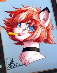 Size: 1392x1789 | Tagged: safe, artist:thatonegib, imported from derpibooru, oc, oc only, oc:berry bomb, bust, collar, commission, digital art, freckles, holding a pencil, looking at you, paint tool sai, pencil, portrait, smiling, solo