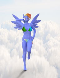 Size: 2800x3624 | Tagged: safe, artist:errantsfm, imported from derpibooru, rainbow dash, anthro, pegasus, plantigrade anthro, 3d, bikini, breasts, busty rainbow dash, clothes, cloud, daz studio, female, grin, smiling, solo, spread wings, standing, standing on one leg, swimsuit, wings