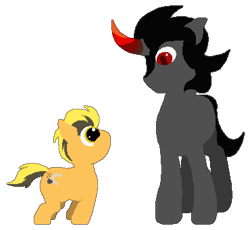 Size: 1110x1020 | Tagged: safe, artist:minus, derpibooru exclusive, imported from derpibooru, king sombra, oc, oc:flint spark, earth pony, pony, unicorn, am nugget, colored, curved horn, duo, gradient horn, happy, horn, looking at each other, looking at someone, male, nudity, pixel art, short tail, simple background, size difference, stallion, tail, the crystal empire 10th anniversary, transparent background