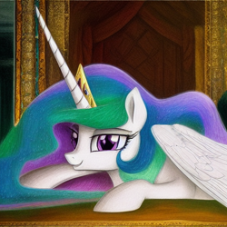 Size: 1024x1024 | Tagged: safe, derpibooru exclusive, editor:dovakkins, imported from derpibooru, princess celestia, alicorn, pony, ai content, ai generated, beautiful, crown, cute, cutelestia, female, generator:stable diffusion, jewelry, looking at you, lying down, missing accessory, prone, regalia, smiling, smiling at you, solo