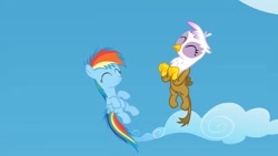 Size: 3072x1727 | Tagged: safe, imported from derpibooru, screencap, gilda, rainbow dash, griffon, pegasus, pony, season 5, the lost treasure of griffonstone, ^^, cute, dashabetes, duo, duo female, eyes closed, female, filly, filly rainbow dash, flying, gilda is amused, gildadorable, high res, smiling, spread wings, wings, younger