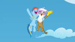 Size: 3072x1727 | Tagged: safe, imported from derpibooru, screencap, gilda, rainbow dash, griffon, pegasus, pony, season 5, the lost treasure of griffonstone, ^^, cute, dashabetes, duo, duo female, eyes closed, female, filly, filly rainbow dash, flying, gilda is amused, gildadorable, high res, looking up, nose in the air, open mouth, open smile, smiling, spread wings, volumetric mouth, wings, younger