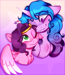 Size: 713x813 | Tagged: safe, artist:esmeia, imported from derpibooru, izzy moonbow, pipp petals, pegasus, pony, unicorn, blushing, eye clipping through hair, female, g5, heart, izzypipp, lesbian, looking at each other, looking at someone, mare, one eye closed, shipping, smiling, smiling at each other, smirk