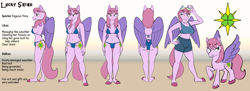 Size: 5000x1818 | Tagged: safe, artist:arrjaysketch, imported from derpibooru, oc, oc only, oc:lucky shine, anthro, pegasus, pony, bikini, bipedal, breasts, clothes, female, quadrupedal, reference sheet, shorts, solo, swimsuit, tanktop