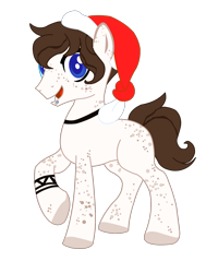 Size: 1202x1589 | Tagged: safe, artist:darktailsko, imported from derpibooru, oc, oc only, oc:yeet, earth pony, pony, derpibooru community collaboration, 2023 community collab, choker, christmas, cute, freckles, hat, holiday, lip piercing, male, markings, open mouth, piercing, santa hat, simple background, solo, stallion, trans male, transgender, transparent background, wristband