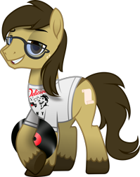 Size: 2031x2556 | Tagged: safe, artist:lincolnbrewsterfan, derpibooru exclusive, imported from derpibooru, oc, oc only, oc:bay mac, earth pony, derpibooru community collaboration, the parent map, .svg available, 2023 community collab, brown mane, brown tail, clothes, crossed legs, design, earth pony oc, glasses, holding, hoof heart, looking at you, male, movie accurate, record, scroll, shirt, shirt design, simple background, smiling, smiling at you, smug, solo, stallion, stallion oc, stripe, svg, t-shirt, tail, transparent background, underhoof, unshorn fetlocks, vector