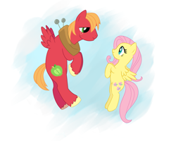 Size: 889x712 | Tagged: safe, artist:tex, edit, imported from derpibooru, big macintosh, fluttershy, pegasus, pony, cropped, female, fluttermac, flying, looking at each other, looking at someone, male, mare, pegasus big macintosh, race swap, shipping, smiling, smiling at each other, stallion, straight