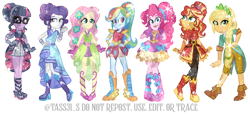 Size: 1024x467 | Tagged: safe, imported from twibooru, applejack, fluttershy, pinkie pie, rainbow dash, rarity, sci-twi, sunset shimmer, twilight sparkle, equestria girls, boots, clothes, crystal guardian, high heel boots, humane five, humane seven, humane six, image, png, shoes, simple background, transparent background